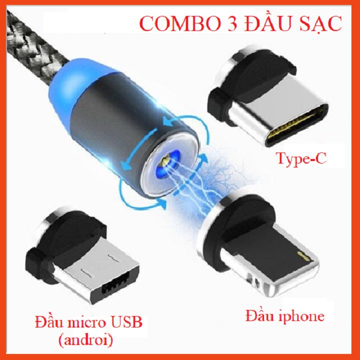 [COMBO 1 DÂY+3 ĐẦU SẠC] Cáp sạc từ hút nam châm đầu Iphone- micro USB - Type C - Dây dù - xoay 360 độ có LED cao cấp