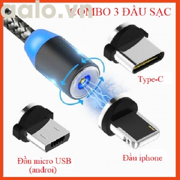 [COMBO 1 DÂY+3 ĐẦU SẠC] Cáp sạc từ hút nam châm đầu Iphone- micro USB - Type C - Dây dù - xoay 360 độ có LED cao cấp