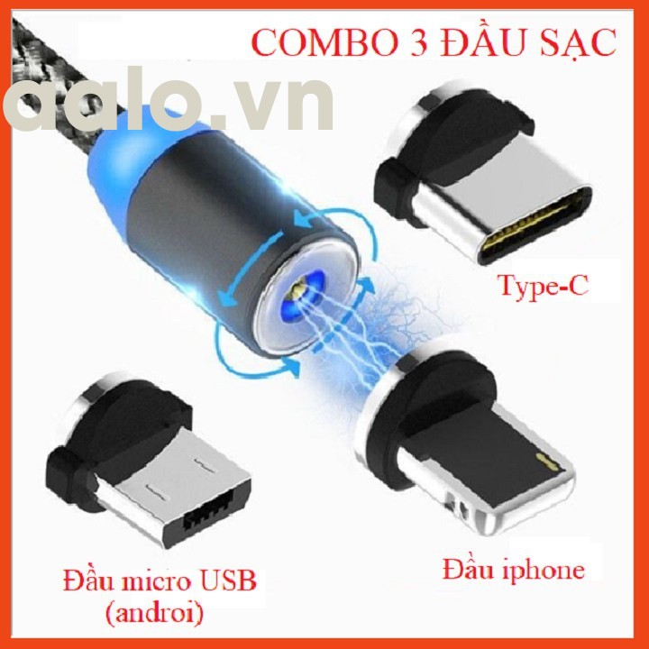 [COMBO 1 DÂY+3 ĐẦU SẠC] Cáp sạc từ hút nam châm đầu Iphone- micro USB - Type C - Dây dù - xoay 360 độ có LED cao cấp