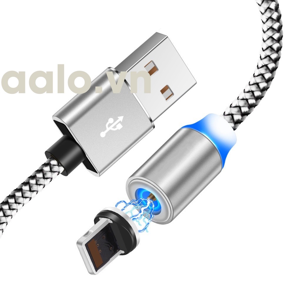 [COMBO 1 DÂY+3 ĐẦU SẠC] Cáp sạc từ hút nam châm đầu Iphone- micro USB - Type C - Dây dù - xoay 360 độ có LED cao cấp